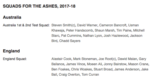 ashes squads